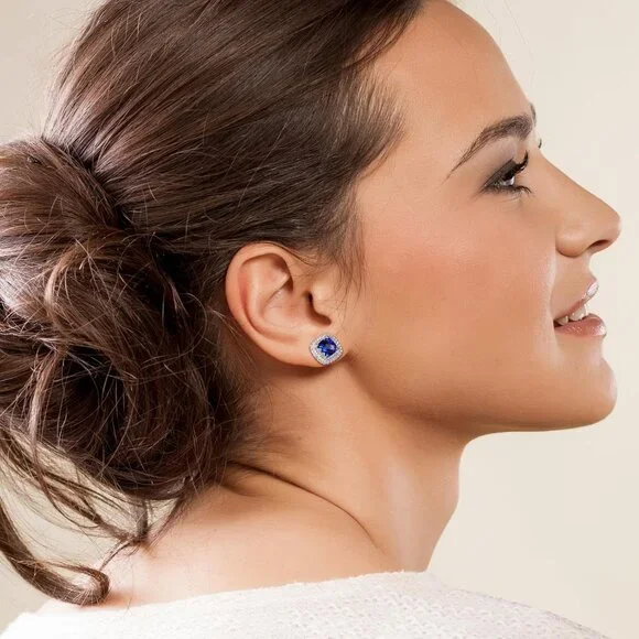 Sapphire Earrings Cushion Cut Women | 925 Sterling Silver | September Birthstone - Picture 2 of 6